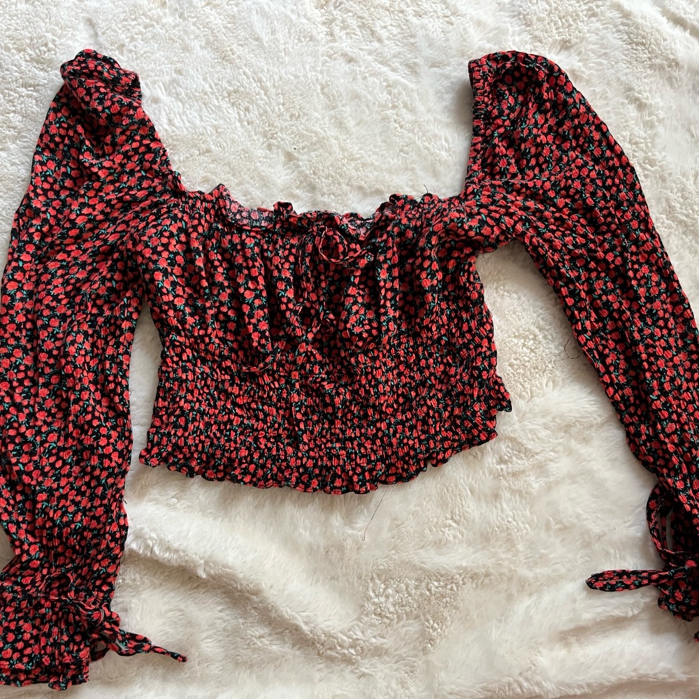 red and black smocked top floral